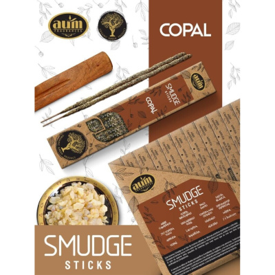 Caixa e sticks de incenso smudge copal com recipiente de resina e símbolos decorativos