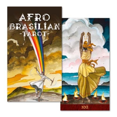 Tarot Afro Brasilian com caixa e carta destacada mostrando figura feminina vestida de amarelo