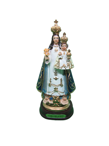 Estátua religiosa de Nossa Senhora dos Milagres com Menino Jesus e base com anjos