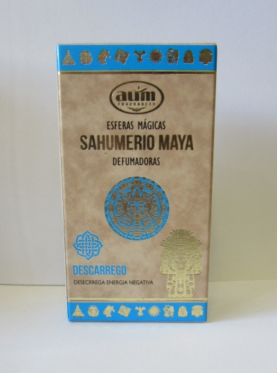 Caixa de sahumerio maya em papel castanho com detalhes azuis e dourados