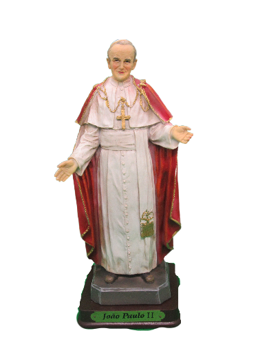 Estátua de João Paulo II em resina com batina e capa.