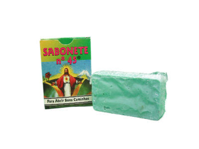 Sabonete n° 45 com embalagem colorida e imagem religiosa