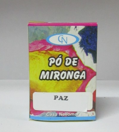 Caixa colorida de Pó de Mironga com a palavra PAZ numa etiqueta branca