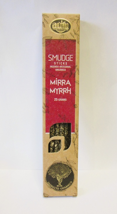 Embalagem de incenso artesanal orgânico de mirra em palitos com texto e selo de produto orgânico