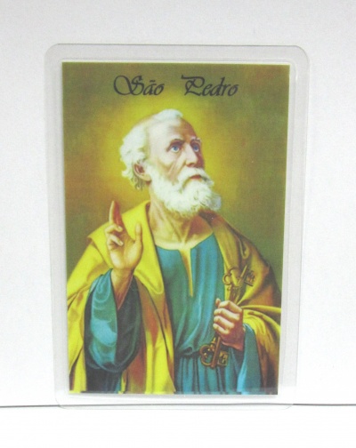 Imagem do cartão religioso de São Pedro com chaves douradas e túnica azul e amarela