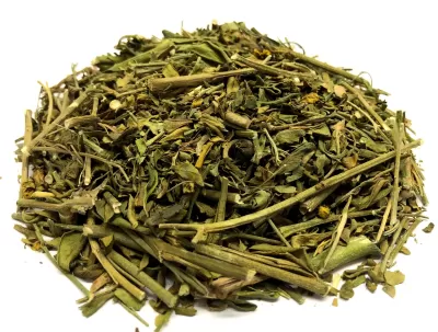 Ervas secas variadas verdes com caules e flores amarelas sobre fundo branco