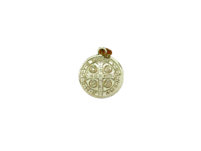 Medalha redonda dourada com símbolos e texto