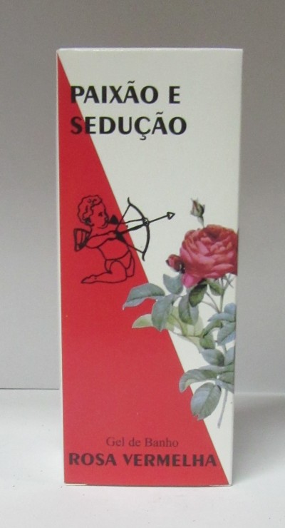 Embalagem retangular de gel de banho 'Paixão e Sedução' com desenho de cupido e rosa vermelha.