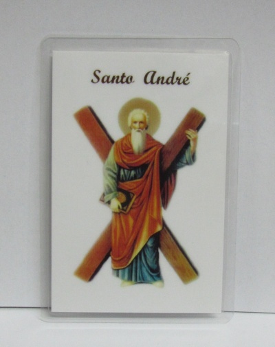 Cartão plástico com imagem de Santo André e texto