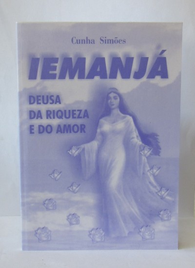 Capa de livro azul e branco com título 'IEMANJÁ' e imagem de mulher em vestido longo branco cercada por flores e borboletas