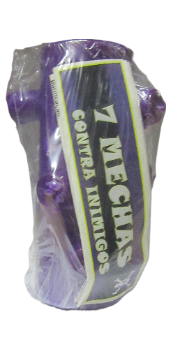 Frasco roxo para 7 mechas de cabelo em saco plástico transparente.