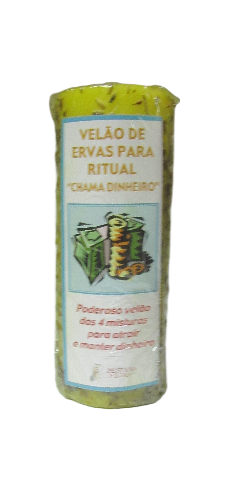 Vela amarela com ervas e rótulo de ritual para atrair dinheiro