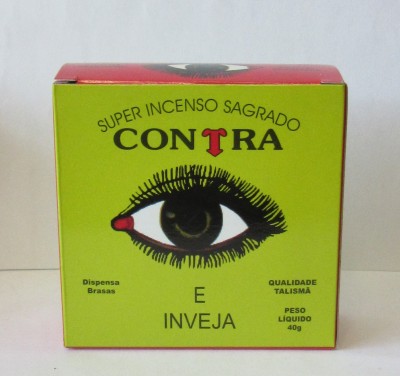 Embalagem verde e vermelha de incenso com texto e imagem de olho