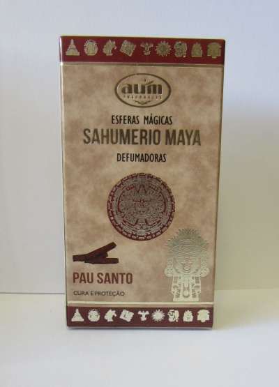 Embalagem castanha para sahumerio Maya com texto e símbolos maias.