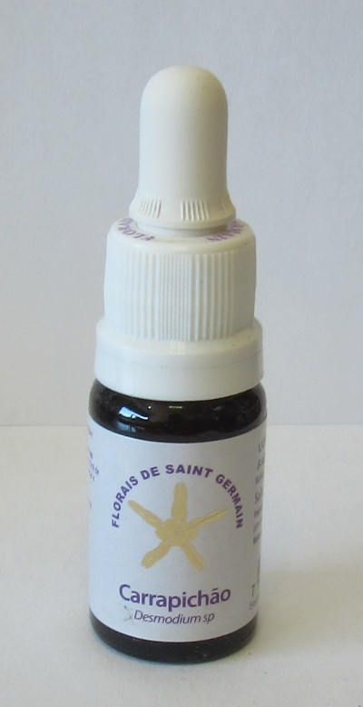 Frasco de florais com conta-gotas branco e rótulo com texto roxo e imagem de flor amarela.