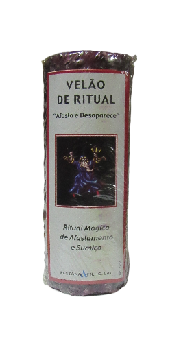 Velão de ritual com rótulo branco e texto preto, figura colorida e embalagem plástica