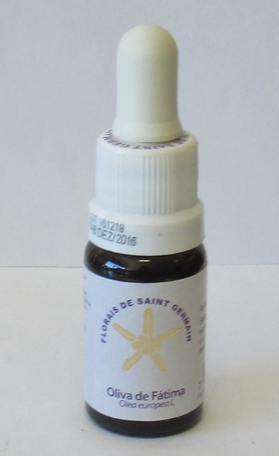 Frasco de vidro escuro com conta-gotas branco e rótulo branco de florais Oliva de Fátima