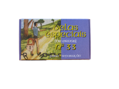 Embalagem roxa de velas especiais com ilustração campestre e texto amarelo e branco