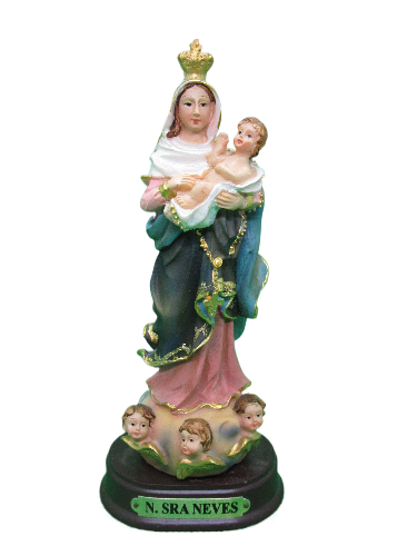 Estátua pintada de Nossa Senhora Neves com menino e anjos na base