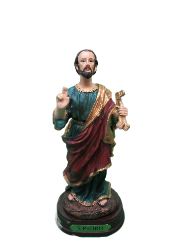 Estátua colorida de S. Pedro em resina com base preta e placa verde S. PEDRO