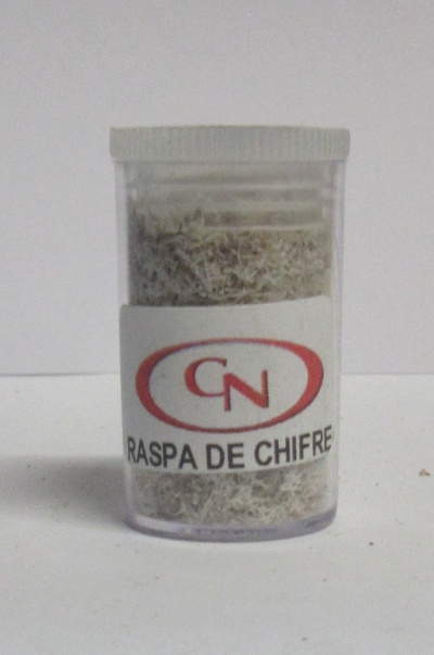 Frasco transparente com rótulo RASPA DE CHIFRE