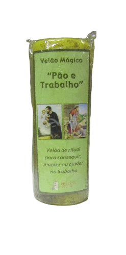 Vela verde com rótulo de ritual para trabalho