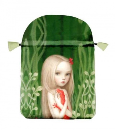 Saco de tecido com rapariga loira e fundo verde com folhas