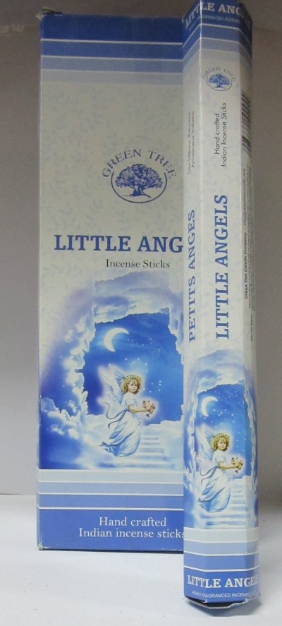 Embalagem azul e branca de incenso LITTLE ANGELS com imagem de anjo em escada nas nuvens e lua crescente