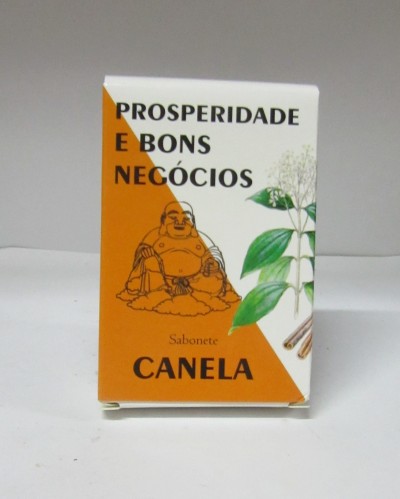Embalagem de sabonete de canela com buda e ilustração de folhas e canela