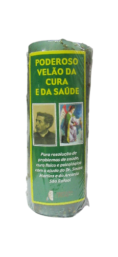 Vela verde com rótulo e texto em português