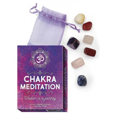 Conjunto Chakra Meditation com cristais coloridos e saco roxo