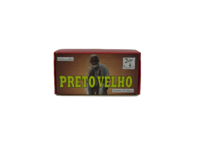 Embalagem rectangular castanha e vermelha com texto PRETO VELHO e imagem de figura humana