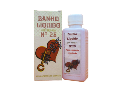 Frasco branco e caixa colorida de Banho Líquido Nº 25 com ilustração de coração, flores e chave