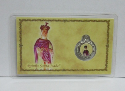 Cartão com ilustração da Rainha Santa Isabel e medalhão prateado