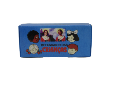 Caixa azul com desenhos coloridos de crianças e texto Defumador das Crianças