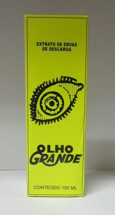 Embalagem amarela de extrato de ervas com texto e desenho de olho