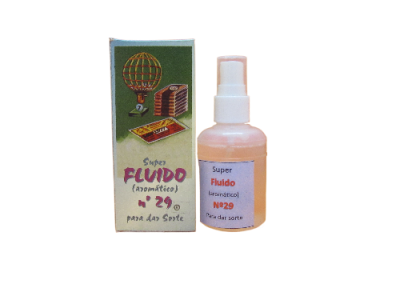 Frasco branco com spray e caixa do Super Fluído nº 29 para dar sorte