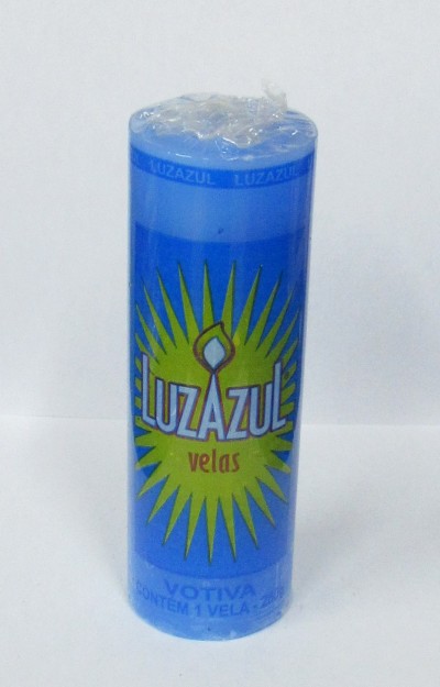 Vela votiva azul LUZAZUL com chama amarela e texto