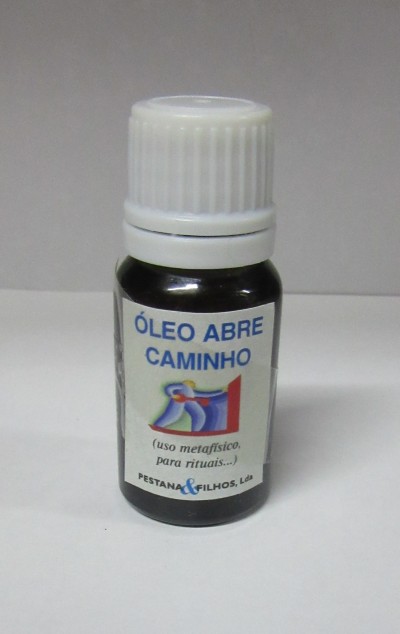 Frasco pequeno de óleo metafísico com rótulo branco e texto em azul e preto