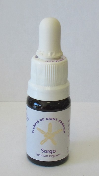 Frasco de florais Sorgo com conta-gotas branco e etiqueta branca com texto roxo