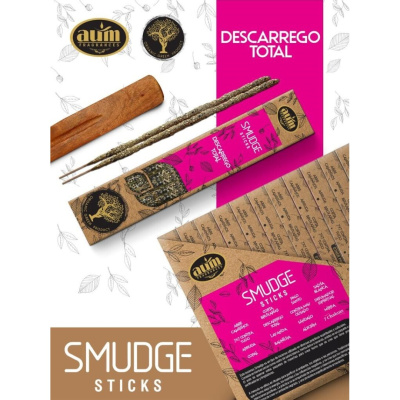 Bastões de incenso Smudge Sticks em embalagem rosa e castanha, com texto DESCARREGO TOTAL e suporte de madeira para incenso.