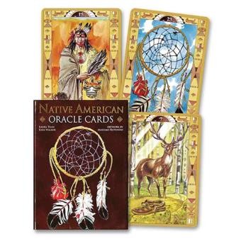 Cartas Native American Oracle Cards com apanhador de sonhos e ilustrações indígenas