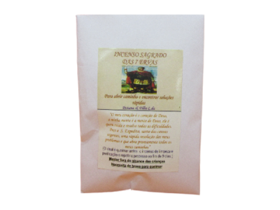 Pacote rosa claro com etiqueta amarela e texto para incenso sagrado