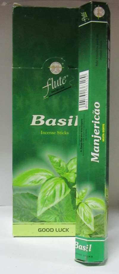 Embalagem verde de varas de incenso de manjericão da Flute com folhas verdes e texto em inglês e português.