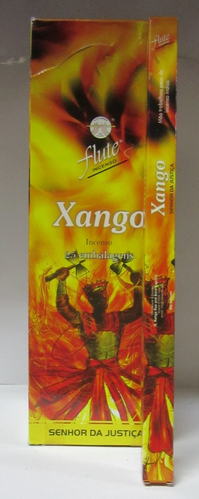Embalagem de incenso Xango Flute com figuras coloridas e texto SENHOR DA JUSTIÇA