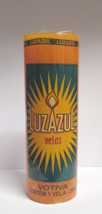 Vela votiva laranja com embalagem colorida Luzazul