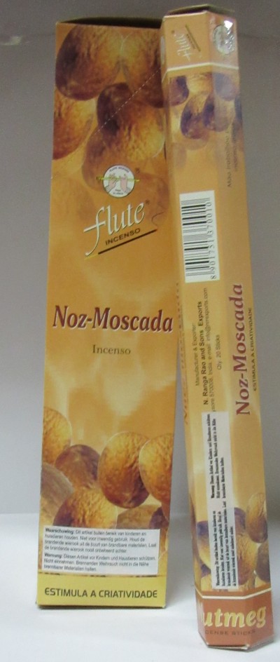 Embalagem de incenso Flute Noz-Moscada com imagem de nozes-moscadas e texto