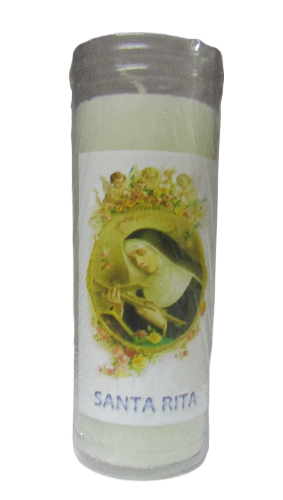 Vela branca religiosa com imagem de Santa Rita em recipiente de vidro.