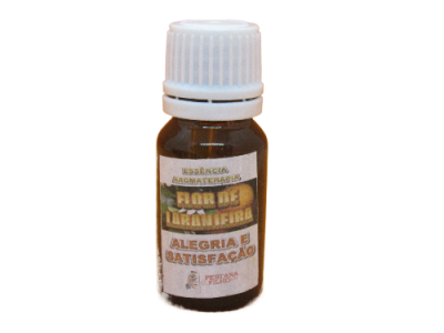 Frasco pequeno de essência com tampa branca e rótulo com texto e imagem de flor