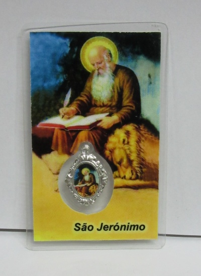 Cartão religioso com imagem de São Jerónimo e leão, com texto 'São Jerónimo' e medalhão prateado